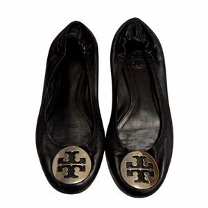 Tory Burch Black Leather Flats with Silver Logo
